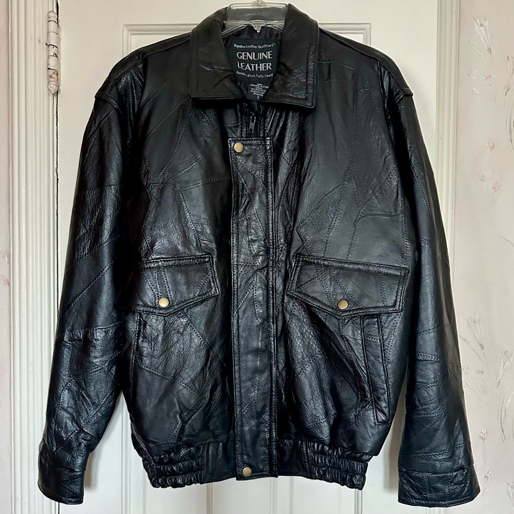 Vintage Black Leather Bomber Jacket w. Patchwork Detail